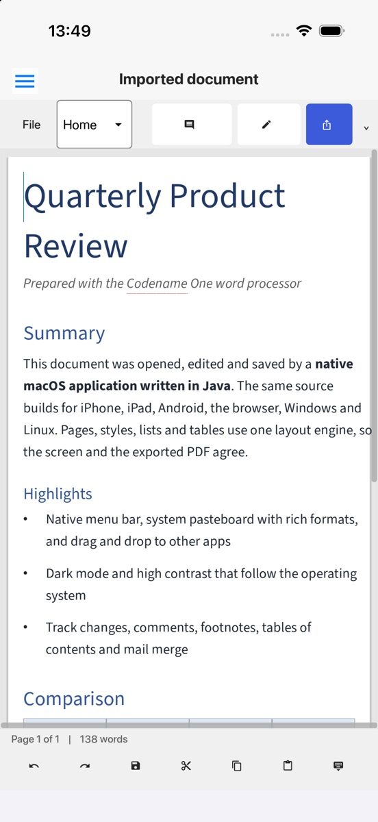 The word processor on an iPhone