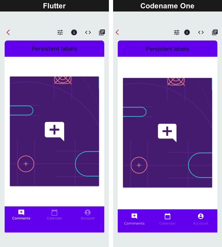 The Bottom navigation demo rendered by Flutter and by Codename One