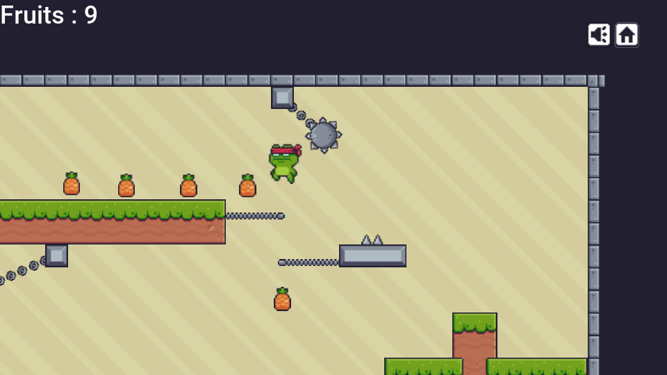 Fruitopia, an open source Unity platformer, running on the Codename One runtime: the frog hero in mid-jump beside a spiked ball, over a tile map level with a fruit counter